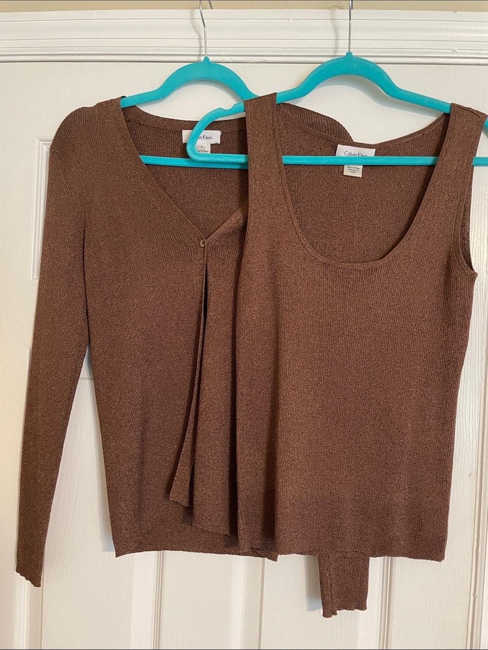 Calvin Klein Brown shimmer Knit Tank & Open Cardigan Set